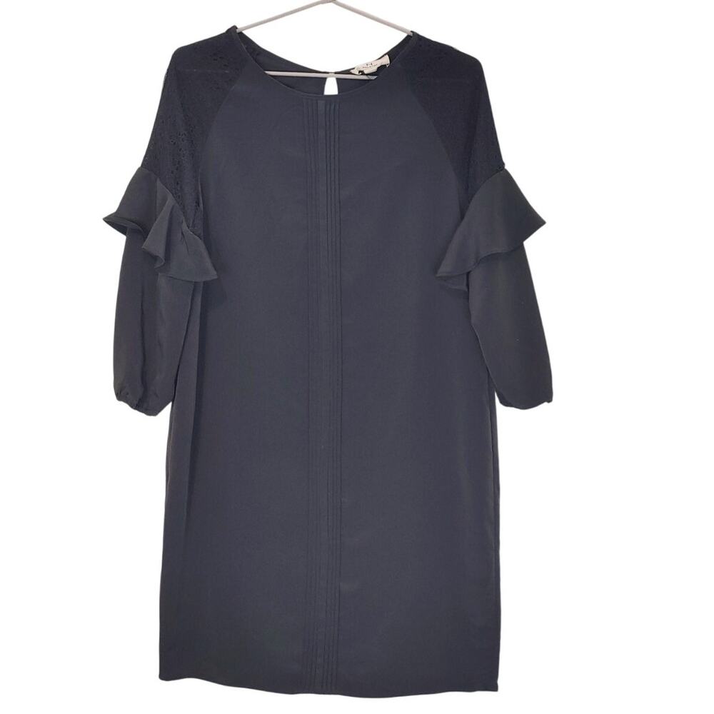 H by Halston Shift Mini Dress 3/4 Sleeve Ruffle Lace Trim Pintuck Gray Womens XS